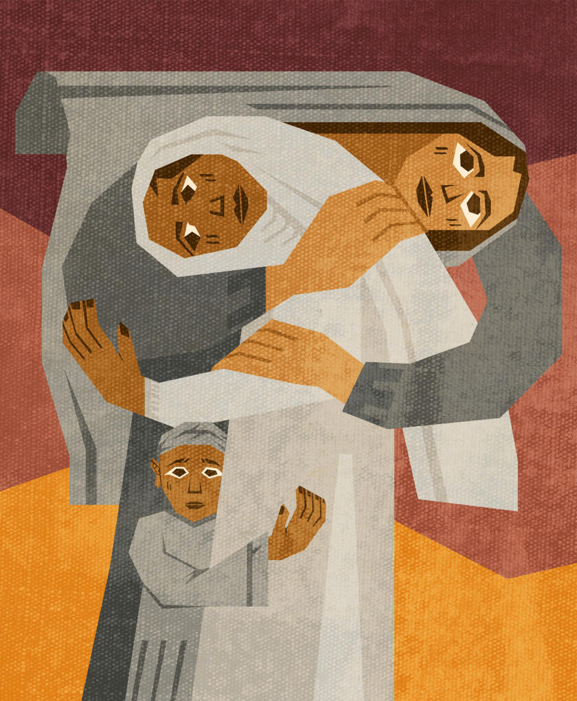 Inspired by Sliman Mansour's wall art titled "Farewell", this illustration portrays a Palestinian family and the hardships of saying goodbye they encounter during the occupation.