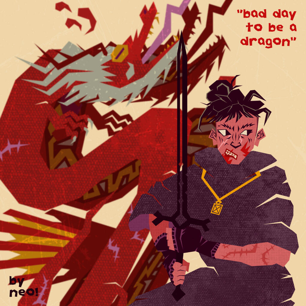 Illustration inspired by Chan's (@flesh.png on Instagram) "Draw this in your style" challenge, portraying a a girl warrior and a dragon opened in half.